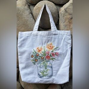 NEW! Handmade -One-of-a-Kind Floral Embroidered White Tote Bag